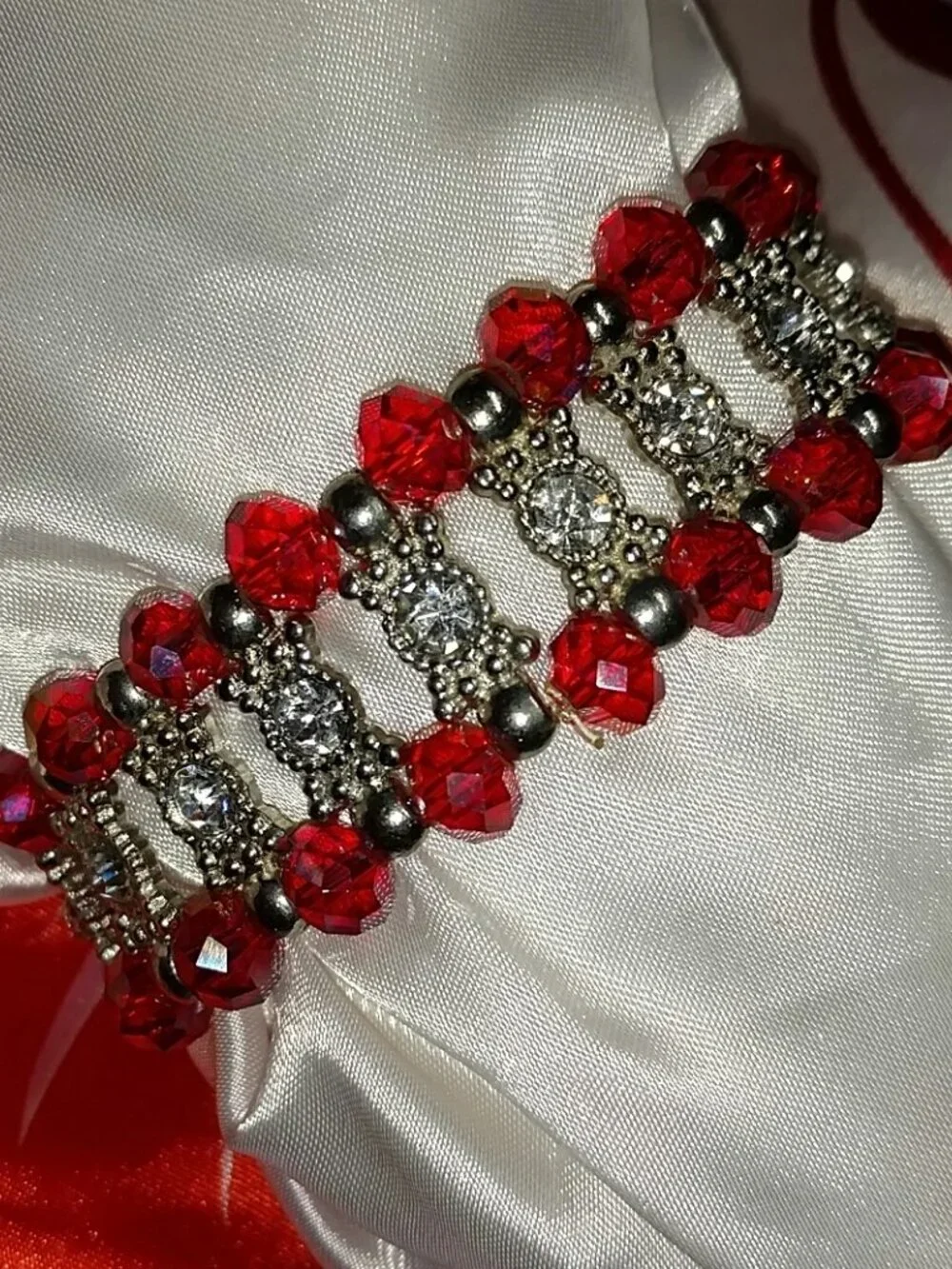 Rhinestone and Red Beaded Stretch Bracelet